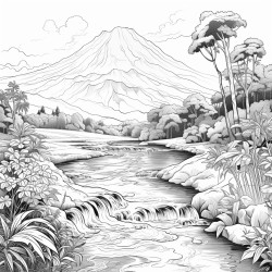 river with reflection and a volcano behind it