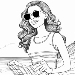 skinny woman at beach wearing bikini sunglasses holding drings