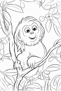 an orangutan hanging from a tree branch with long arms and a curious face surrounded by dense tropical leaves and vines