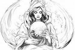 an evil witch reading her crystal ball