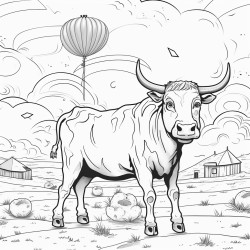 a cow in a field it is her birthday and she has an orange cupcake there is a tornado in the background throwing a hay bale a ufo is picking up a cow with a yellow balloon