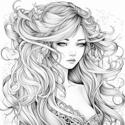greyscale adult coloring page with manga woman with long hair