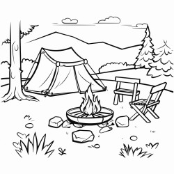 simple black outline art camping scene fire pit