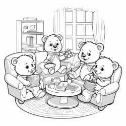 illustration a group of teddy bears sitting in a circle discussing their band plans with a teddy bear holding a notepad background a cozy living room with musical posters on the walls and a coffee table with snacks