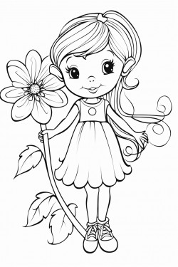 a friendly flower fairy with a large flower in her hand leave enough space between the lines for coloring noshadows