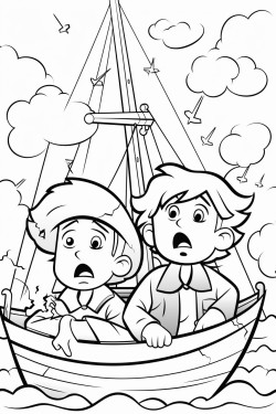 worried boys working in a big boat with a big storm