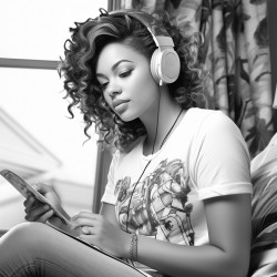 beautiful african american woman sitting on her bed watching television