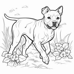 a pitbull running through a yard with heavy foliage
