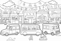 food trucks market several of them all with a multicultural theme and festoon lights