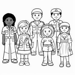 a community workers coloring page that includes a teacher astronaut doctor nurse postman firefighter chef astronaut and police officer
