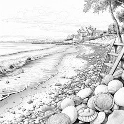 ocean calm  a beach scene with gentle waves and seashells on the shore