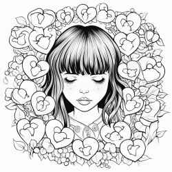 a young girl with bangs and and close eyes surrounded by seven hearts