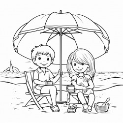 kids at the beach with their supplies by their chair under a umbrella