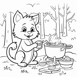 a cat cooking in a forest