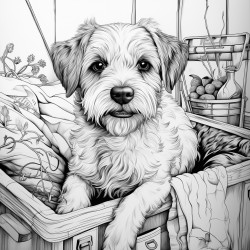 border terrier dog in a large dog cage