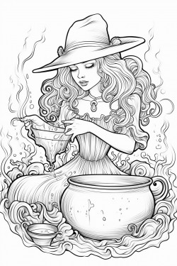 victorian style witch stirring a bubbling cauldron