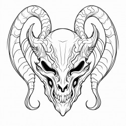 black and white line art dragon skull portrait simple clip art low detail 6 horns