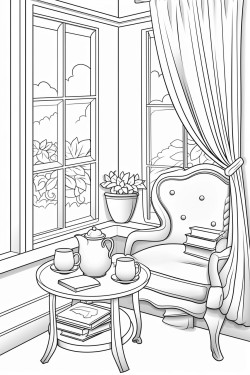 a cute tea time by the window  coloring bookvector white background black and white black drawing