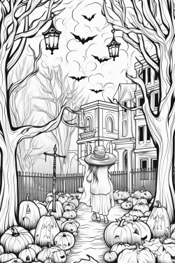 halloween creatures trick or treating on a crispy fall day with street lights and bats and leaves falling