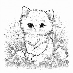 a playful kitten with big round eyes fluffy fur and tiny paws sitting in a field of flowers