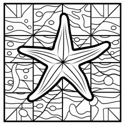 mosaic of starfish in front of seaweed 16 colors 100 curved segments bold black lines no details no grayscale no shadows coloring page