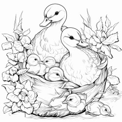 mother duck with baby ducks in a nest