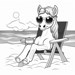 horse on the beach with sunglasses sitting in a chair