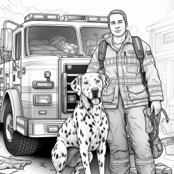 firefighter and dalmatian dog standing in front of fire truck