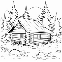 simple blackandwhite coloring page for children of a log cabin under pine trees niji 4