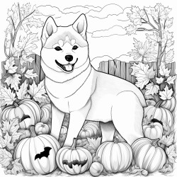 shiba inu in a pumpkin patch