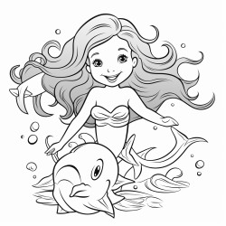 a cheerful mermaid with a long wavy tail swimming alongside two dolphins