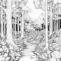 create a blackandwhite coloring page of a forest path blanketed in fallen leaves outline trees with bold clear lines and scatter leaves along the path and forest floor show varied leaf shapes to add interest but keep large spaces