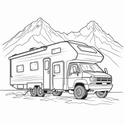 a camper towed by a truck with mountains in the background