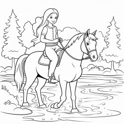 a horsewoman swin on her pony in a lake surrounded by a forest