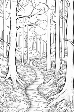 forest scene with tall trees and a winding path