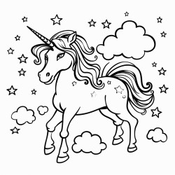 a unicorn that creates a rainbow there are some pegasuses that shoots stars on the rainbow