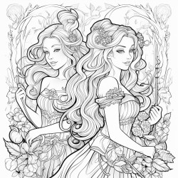 beautiful princesses with brave knights or dragons or unicorns or witches coloring page