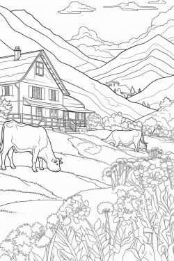 switzerland landscape with a quaint stone house surrounded by flowers and a cypress tree cows graze in lavender fields