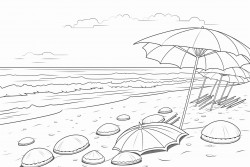 a beach scene including beach umbrellas and shells