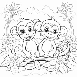 smiling monkeys in paradise next to the beautiful forest with flowers