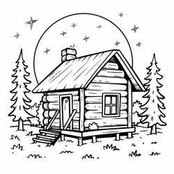 a rustic cabin in the woods with lightning illuminating the night sky