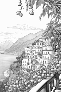 view of amalfi coast with lemons hanging from vines overhead