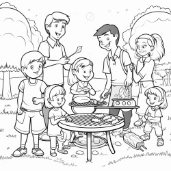 a big family party at the park with kids playing  cooking food on a grill