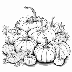 create a blackandwhite coloring page featuring pumpkins and gourds arranged together each pumpkin and gourd should have bold defined outlines showing unique shapes and textures keep the design simple with large open spaces
