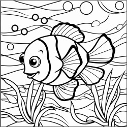mosaic of clownfish in front of seaweed 16 colors 100 curved segments bold black lines no details no grayscale no shadows