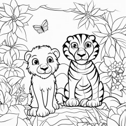 a friendly tiger a curious monkey and a colorful parrot in a lush jungle with trees vines and flowers