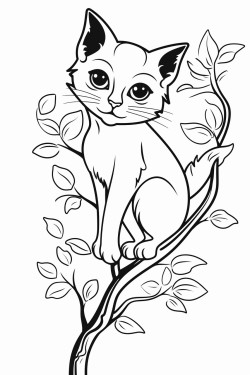 black cat climbing a tall leafy tree