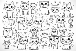 collection of playful cartoon cats in various dynamic poses each positioned separately and randomly across the canvas include additional elements such as paw prints fish bones and bows scattered around the cats colouring book line drawing white