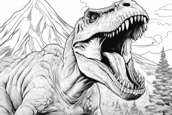 a tyrannosaurus rex roaring on a cliff with a volcano erupting in the background