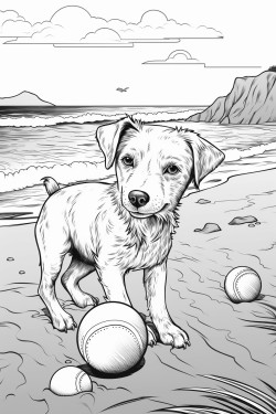 puppy at the beach playing with a ball